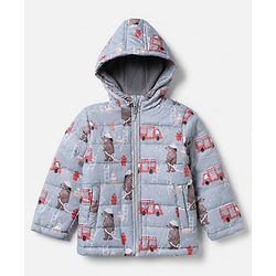 Babyhug Woven Jacket and Pant with Full Sleeves and Bear Print in Grey for 0-1 Month