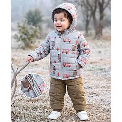 Babyhug Woven Jacket and Pant with Full Sleeves and Bear Print in Grey for 0-1 Month