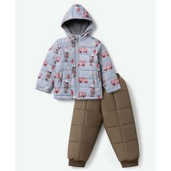 Babyhug Woven Jacket and Pant with Full Sleeves and Bear Print in Grey for 0-1 Month