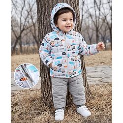 Babyhug Woven Full Jacket and Pant with Full Sleeves and Train Print in Grey for 0-1 Month