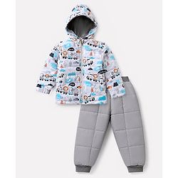Babyhug Woven Full Jacket and Pant with Full Sleeves and Train Print in Grey for 0-1 Month