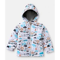 Babyhug Woven Full Jacket and Pant with Full Sleeves and Train Print in Grey for 0-1 Month