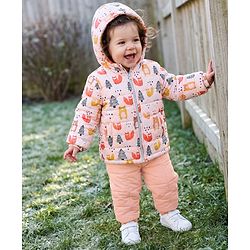Babyhug Woven Full Sleeves Hooded Winter Wear Suit With Animal Print - Peach