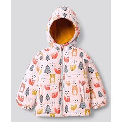 Babyhug Woven Full Sleeves Hooded Winter Wear Suit With Animal Print - Peach