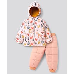 Babyhug Woven Full Sleeves Hooded Winter Wear Suit With Animal Print - Peach