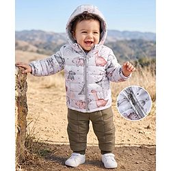 Babyhug Woven Jacket and Pant with Full Sleeves and Dinosaur Print in Beige for 6-9 Months