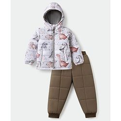 Babyhug Woven Jacket and Pant with Full Sleeves and Dinosaur Print in Beige for 6-9 Months