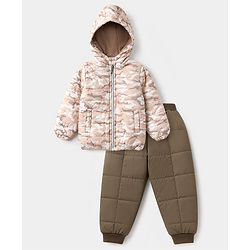 Babyhug Woven Jacket and Pant with Full Sleeves and Camouflage Print in Brown for 0-1 Month