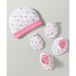Babyhug 100% Cotton Interlock Knit Cap Mittens & Booties With Floral Print Multicolor - Diameter 17.5 cm