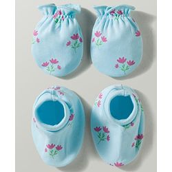 Babyhug 100% Cotton Interlock Knit Mittens & Booties With Floral Print - Multicolor