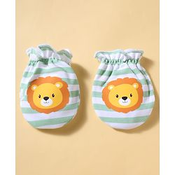 Babyhug 100% Cotton Knit Striped & Lion Printed Mittens & Booties Set - Light Green