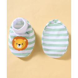 Babyhug 100% Cotton Knit Striped & Lion Printed Mittens & Booties Set - Light Green