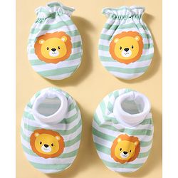Babyhug 100% Cotton Knit Striped & Lion Printed Mittens & Booties Set - Light Green