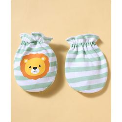 Babyhug 100% Cotton Knit Striped & Lion Printed Mittens & Booties Set - Light Green