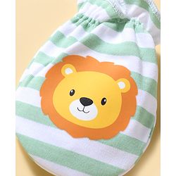 Babyhug 100% Cotton Knit Striped & Lion Printed Mittens & Booties Set - Light Green