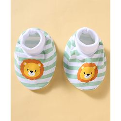 Babyhug 100% Cotton Knit Striped & Lion Printed Mittens & Booties Set - Light Green