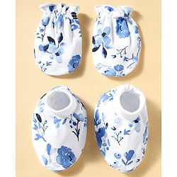 Babyhug 100% Cotton Knit Floral Printed Mittens & Booties Set - Blue