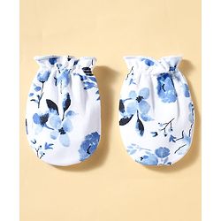 Babyhug 100% Cotton Knit Floral Printed Mittens & Booties Set - Blue