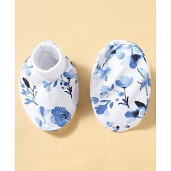 Babyhug 100% Cotton Knit Floral Printed Mittens & Booties Set - Blue
