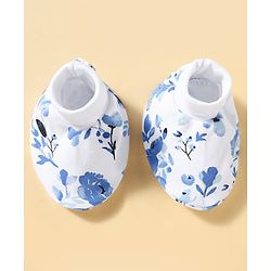 Babyhug 100% Cotton Knit Floral Printed Mittens & Booties Set - Blue