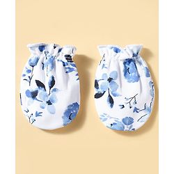 Babyhug 100% Cotton Knit Floral Printed Mittens & Booties Set - Blue