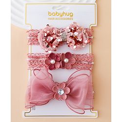 Babyhug Free Size Hedbands With Floral & Bow Applique - Light Red