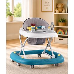 Babyhug Musical Baby Walker with Rocker Function 2-in-1 Convertible Adjustable Height| Compact Fold| Activity Toy Tray Stable Design Multi-Directional Wheels 624 Months - Blue