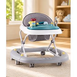 Babyhug Musical Baby Walker with Rocker Function 2-in-1 Convertible Adjustable Height Compact Fold Activity Toy Tray Stable Design Multi-Directional Wheels 624 Months - Grey