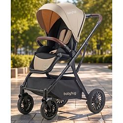 Babyhug Premium Baby Stroller with One-Hand Compact Fold - Beige| Compact Fold| Reclining Backrest| Safety Harness| Swivel Wheels with Lock| Linked Brake| Durable Aluminium Frame| Air Cabin Friendly