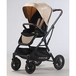 Babyhug Premium Baby Stroller with One-Hand Compact Fold - Beige| Compact Fold| Reclining Backrest| Safety Harness| Swivel Wheels with Lock| Linked Brake| Durable Aluminium Frame| Air Cabin Friendly
