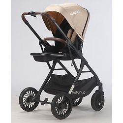 Babyhug Premium Baby Stroller with One-Hand Compact Fold - Beige| Compact Fold| Reclining Backrest| Safety Harness| Swivel Wheels with Lock| Linked Brake| Durable Aluminium Frame| Air Cabin Friendly