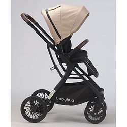 Babyhug Premium Baby Stroller with One-Hand Compact Fold - Beige| Compact Fold| Reclining Backrest| Safety Harness| Swivel Wheels with Lock| Linked Brake| Durable Aluminium Frame| Air Cabin Friendly