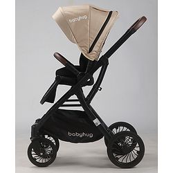 Babyhug Premium Baby Stroller with One-Hand Compact Fold - Beige| Compact Fold| Reclining Backrest| Safety Harness| Swivel Wheels with Lock| Linked Brake| Durable Aluminium Frame| Air Cabin Friendly