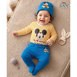 Babyhug Disney Interlock Knit Full Sleeves Striped Onesie & Legging With Cap & Mickey Mouse Graphics - Multicolor