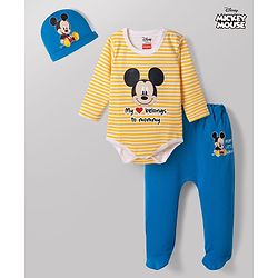 Babyhug Disney Interlock Knit Full Sleeves Striped Onesie & Legging With Cap & Mickey Mouse Graphics - Multicolor