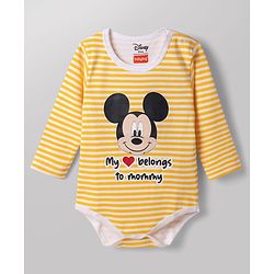 Babyhug Disney Interlock Knit Full Sleeves Striped Onesie & Legging With Cap & Mickey Mouse Graphics - Multicolor