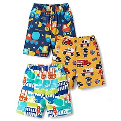 Babyhug  Poplin woven Above Knee Length Boxer with JCB & Bear Print Pack of 3- Navy & Yellow