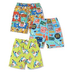Babyhug Poplin Woven Above Knee Length Text & Sea Life Printed Boxers Pack Of 3 - Neon Green & Light Blue