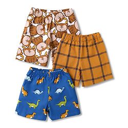 Babyhug Poplin Woven Above Knee Length Checkered & Bear Printed Boxers Pack of 3 - Brown & Blue