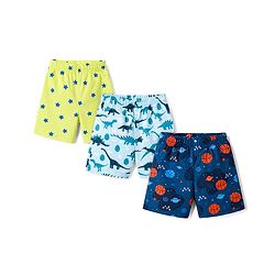 Babyhug Poplin Woven Above Knee Length Space & Dino Printed Boxer Pack of 3 - Navy & Yellow