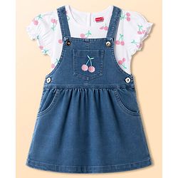 Babyhug Cotton Woven Frocks with Inner Tee With Cherry Embroidery & Print - Blue