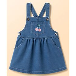 Babyhug Cotton Woven Frocks with Inner Tee With Cherry Embroidery & Print - Blue