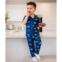 Babyhug 100% Cotton Knit Half Sleeves Shirt & Pyjama Night Suit Co-ords With Dino Print - Blue