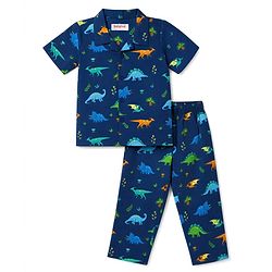 Babyhug 100% Cotton Knit Half Sleeves Shirt & Pyjama Night Suit Co-ords With Dino Print - Blue