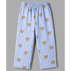 Babyhug 100% Cotton Knit Half Sleeves Striped & Bear Printed Co-Ords Shirt & Pyjama Night Suit - Light Blue