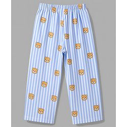 Babyhug 100% Cotton Knit Half Sleeves Striped & Bear Printed Co-Ords Shirt & Pyjama Night Suit - Light Blue