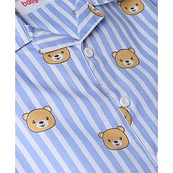 Babyhug 100% Cotton Knit Half Sleeves Striped & Bear Printed Co-Ords Shirt & Pyjama Night Suit - Light Blue