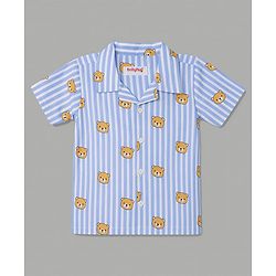 Babyhug 100% Cotton Knit Half Sleeves Striped & Bear Printed Co-Ords Shirt & Pyjama Night Suit - Light Blue
