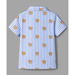 Babyhug 100% Cotton Knit Half Sleeves Striped & Bear Printed Co-Ords Shirt & Pyjama Night Suit - Light Blue