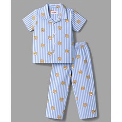 Babyhug 100% Cotton Knit Half Sleeves Striped & Bear Printed Co-Ords Shirt & Pyjama Night Suit - Light Blue